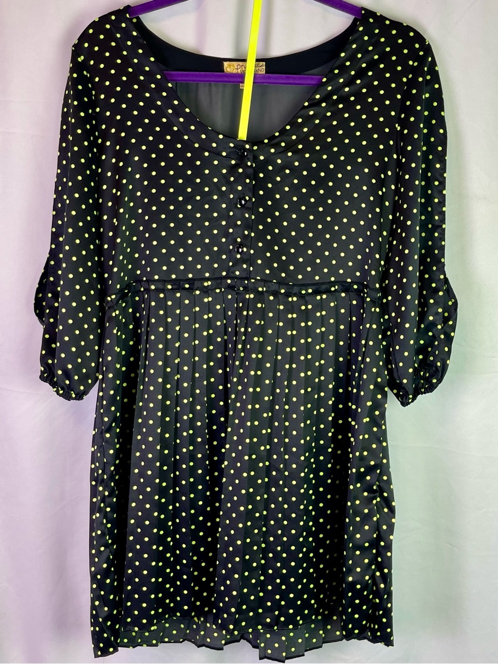 Princess Vera Wang Black Babydoll Dress with Lime Green Polka Dots & Belt